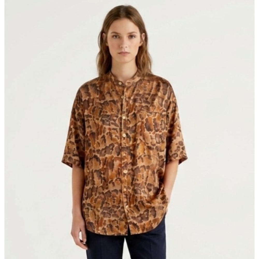 Free People Goddess Sleep Shirt Womens L Brown Leopard Print Button Up OB1275261